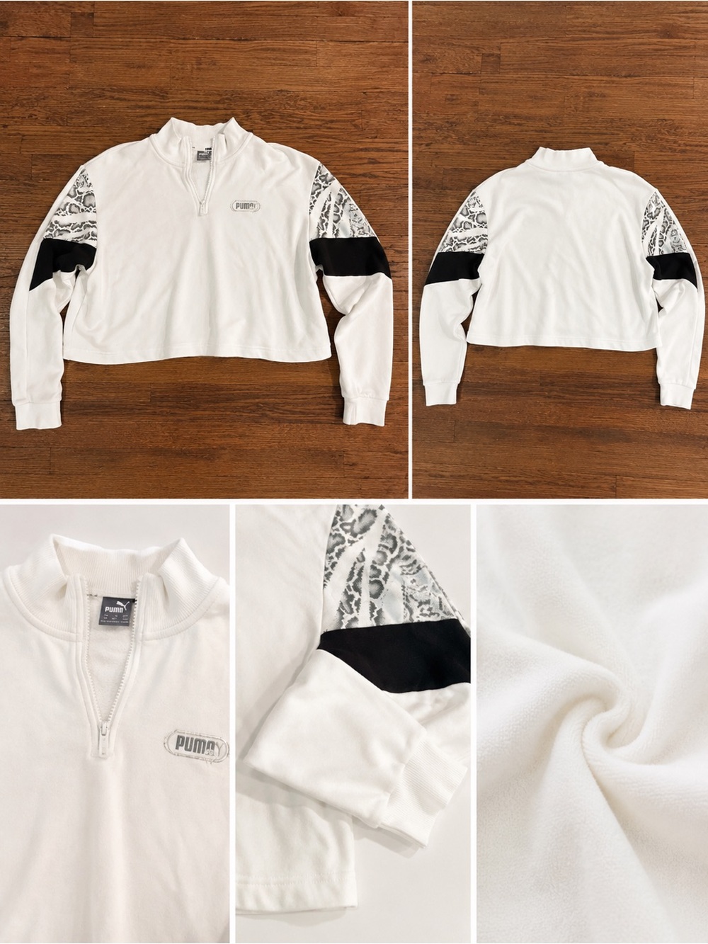 Puma White Cropped Quarter-Zip Sweatshirt with Black and Gray Accent
